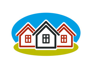 District conceptual vector illustration, three simple houses. Ho