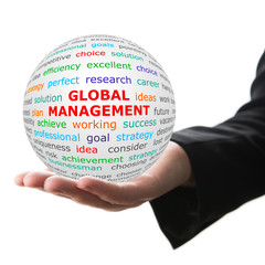 Coach concept. Hand take white ball with wordcloud and global marketing words in red color.