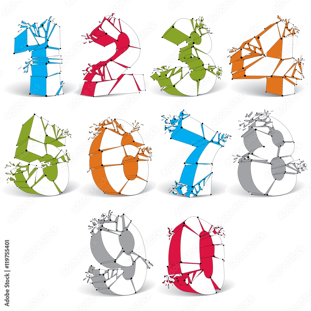 Poster set of 3d vector colorful wireframe numbers broken into differen