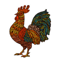 Ethnic ornamented rooster, cock. Chinese year symbol. Holiday card design element. Vector illustration