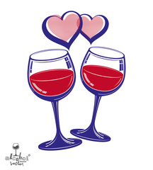 Valentine’s day theme vector illustration. Two wineglasses wit