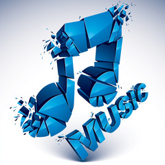 3d vector blue shattered musical notes with music word. Art melo