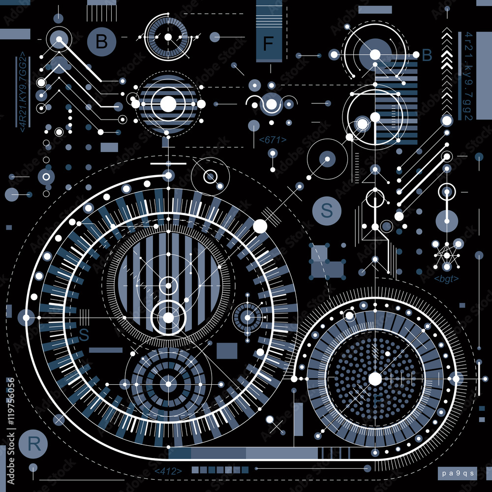 Poster technical drawing with dashed lines and geometric shapes, vector