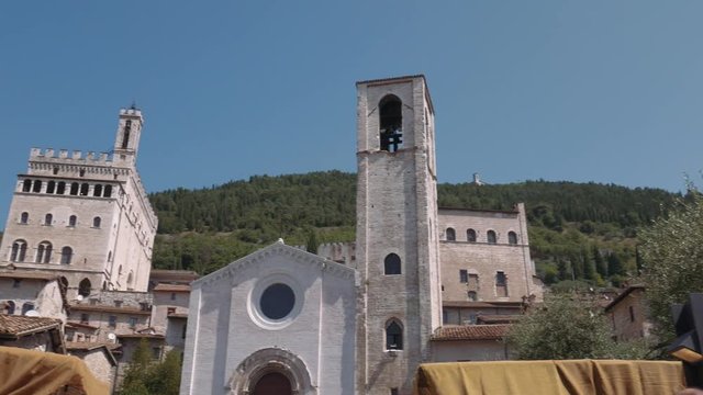 Panorama of San Giovanni church in Gubbio and Palazzo dei Consoli palace, Italy
