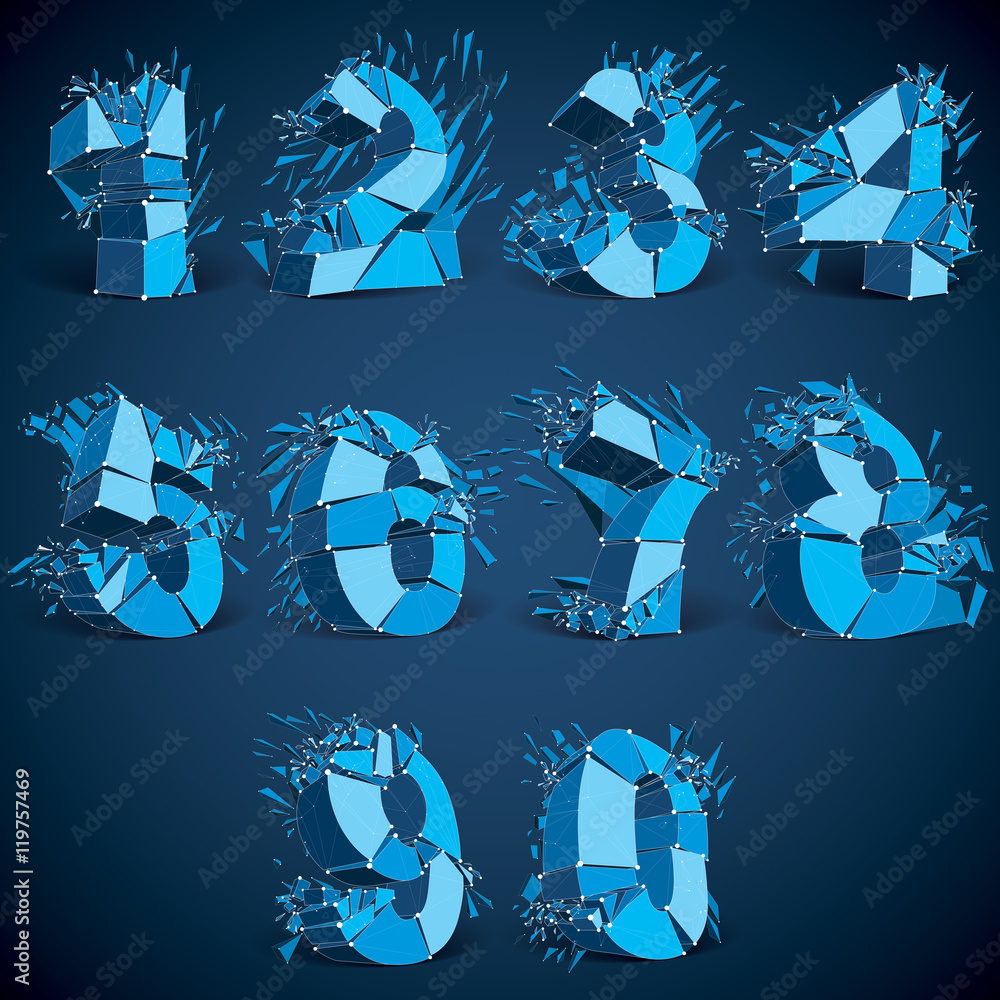 Poster set of 3d vector low poly blue numbers with white connected line