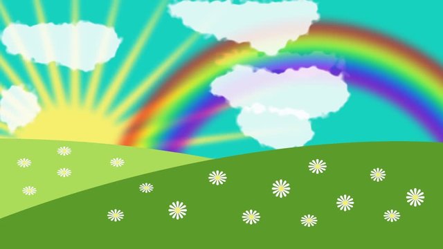 Cartoon Clouds  on blue background with grass, sun and rainbow. motion  graphics