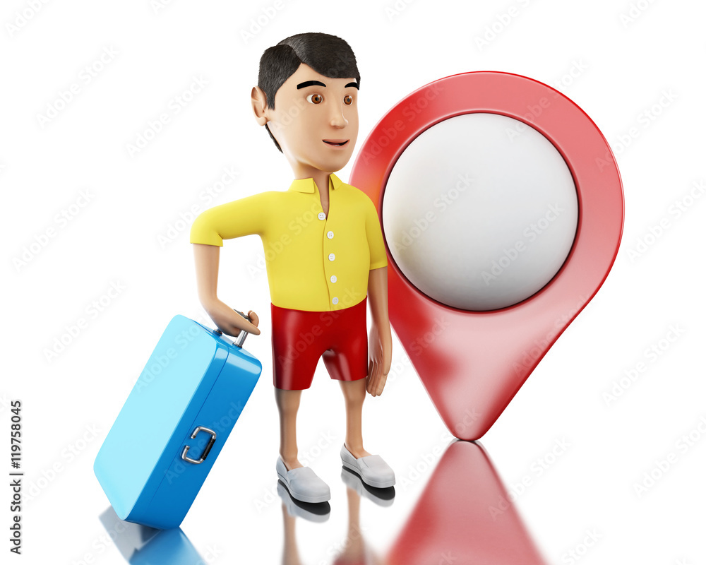 Poster 3d man with a suitcase and map pointer.