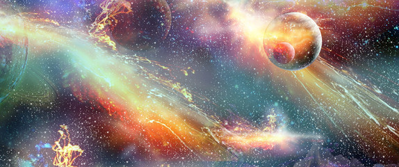 Deep outer space abstract background with stars and nebula and explosions. Hand Drawn. Digital illustration. © sofiartmedia