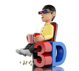3d Man in the cinema and eating popcorn with 3D glasses.