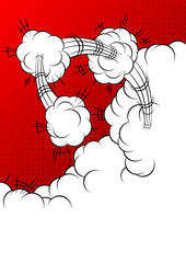 Comic book illustration of an explosion with white clouds.