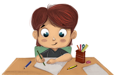 Niño escribiendo con fondo blanco
