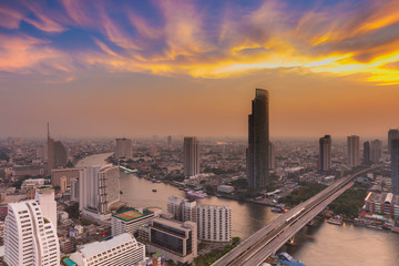 Sunset over Bangkok river with dramatic sky background, Thailand