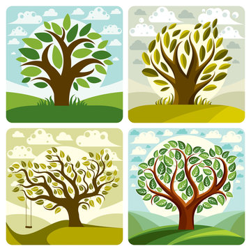 Vector art trees with swing on beautiful cloudy spring landscape