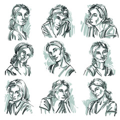 Set of vector portraits of beautiful women in different emotions