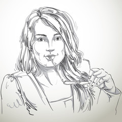 Monochrome vector hand-drawn art image, young woman holds eyegla