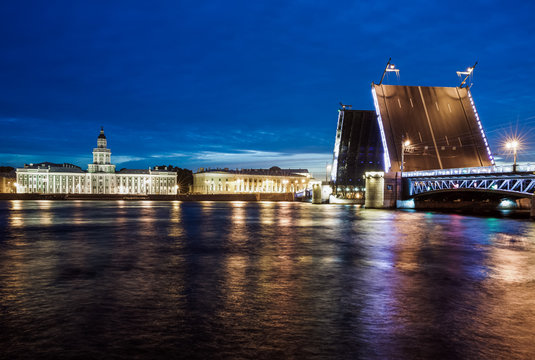 View on Neva river, Palace bridge and Kunstkamera museum in the evening, St Petersburg, Russia