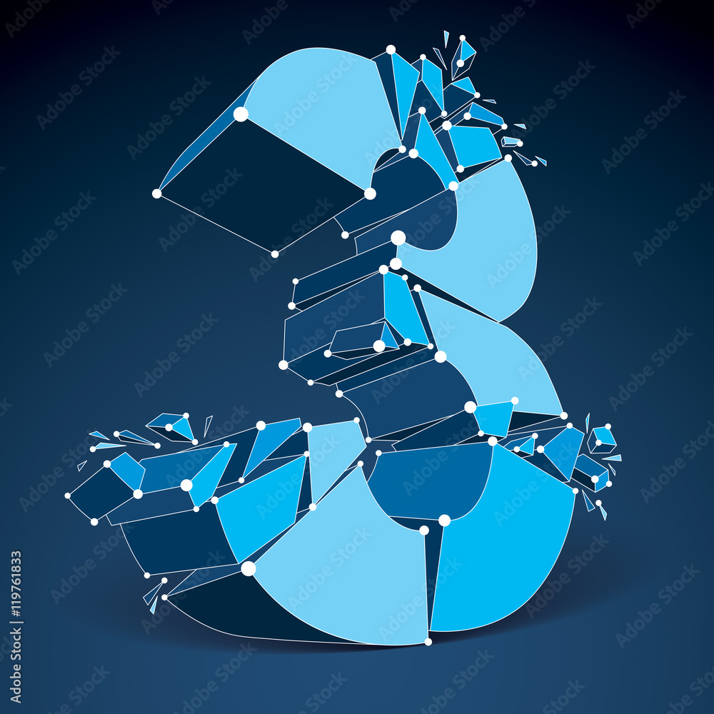 Poster abstract 3d faceted number 3 with connected lines and dots. vect
