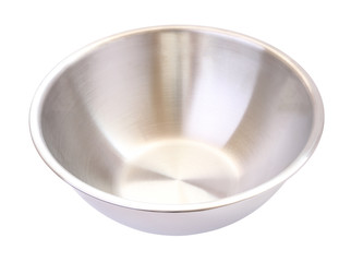 Stainless steel mixing bowl on white background.