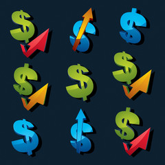 Set of 3d vector blue and green dollar signs with different arro