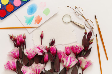 pink flowers and watercolor art on white background