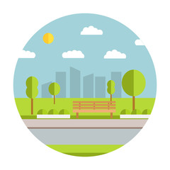 Flat illustration with the image of park with a bench and trees in the afternoon.