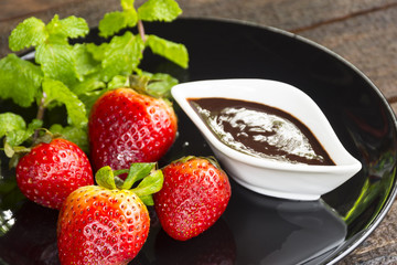 Strawberry fruit with chocolate sauce Fruit or food and snack