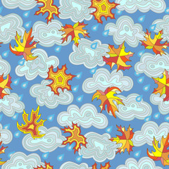 Obraz premium Seamless pattern on the theme of autumn maple leaves , raindrops and clouds in the sky