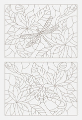 Set contour illustrations in the stained glass style butterfly and dragonfly on a background of leaves and flowers