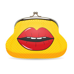 Female Wallet in Pop Art Style with Dots and Lips Realistic Vect