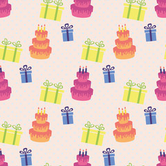 Happy Birthday pattern, Seamless vector illustration with cakes and gift boxes