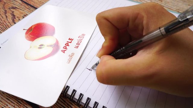 Female hand practicing writing Thai language