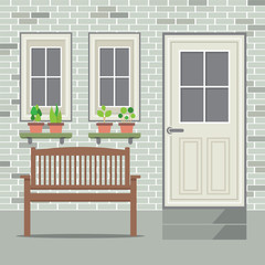 Wooden Chair With Pot Plant And Brick Background Vector Illustration
