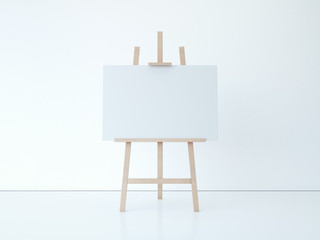 Wooden easel with blank white canvas. 3d rendering
