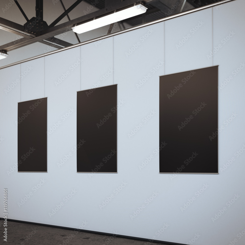 Poster modern bright gallery with three blank frames. 3d rendering