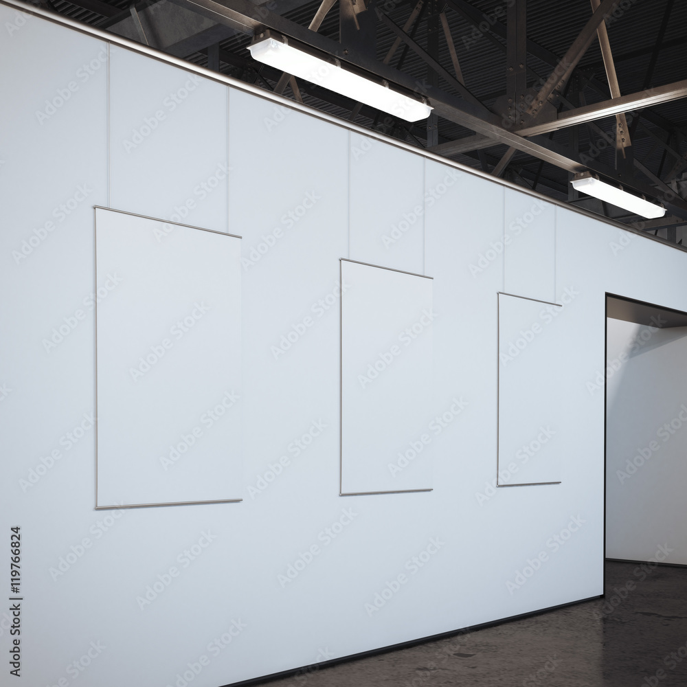 Poster modern bright gallery with three white frames. 3d rendering