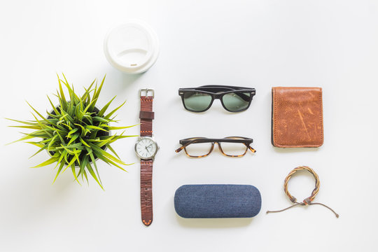 Men's accessories, flat lay, top view background