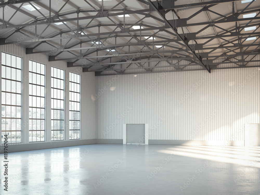 Poster empty building bright hangar interior. 3d rendering