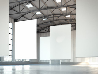 Blank white banners in hangar area. 3d rendering - obrazy, fototapety, plakaty