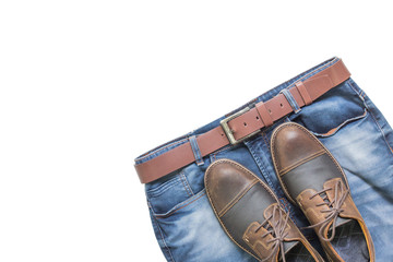Men's casual outfits with blue jean and brown leather shoes, flat lay, top view isolated on white background