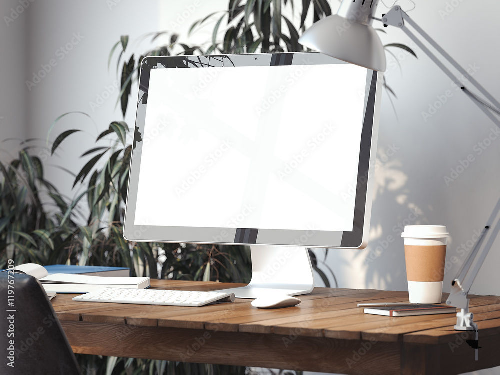 Aufkleber workspace with blank monitor screen. 3d rendering