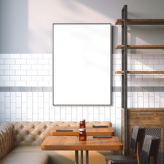 Bright restaurant interior with white canvas. 3d rendering