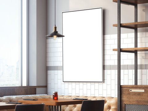 Bright restaurant interior with canvas. 3d rendering