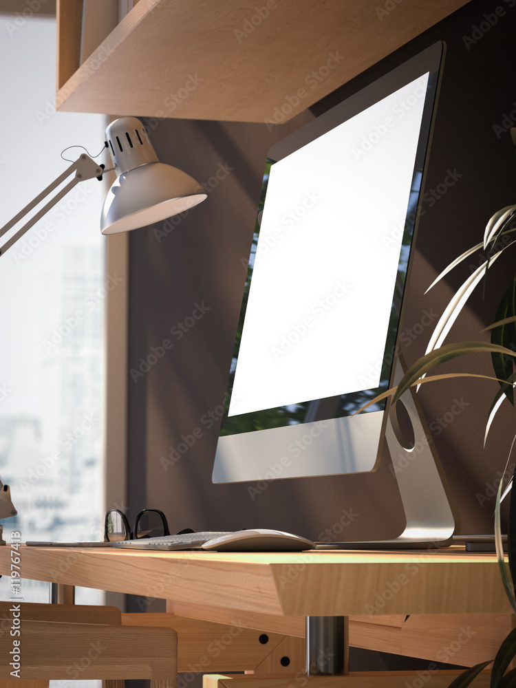 Poster workspace with blank screen on wooden table. 3d rendering