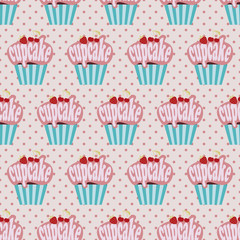 Colorful Cupcake pattern, Seamless vector pattern with cute cartoon cupcakes, polka-dot background
