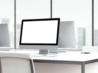 Fototapeta premium Workspace with blank monitor screen. 3d rendering