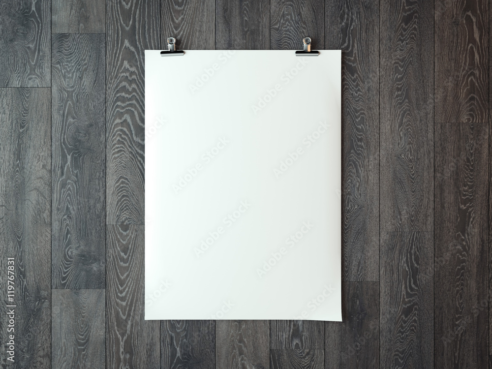 Poster sheet of paper with metal clips. 3d rendering