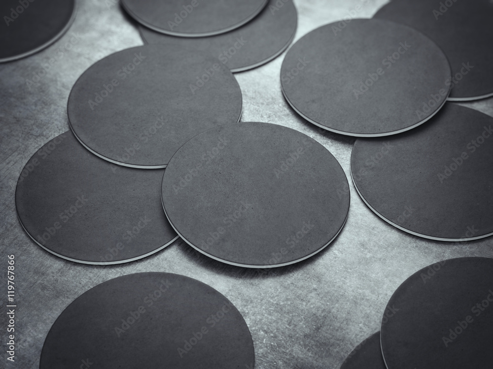 Poster many black circle beer coasters. 3d rendering