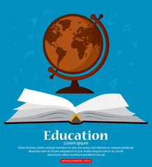 Education. Background with open book school knowledge and globe. Space for your text. Vector illustration