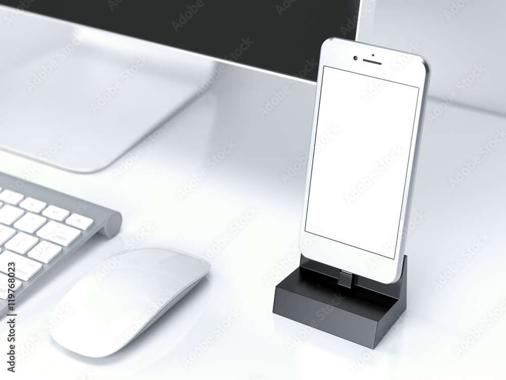 Poster office desk table with pc, keyboard and smartphone. 3d rendering
