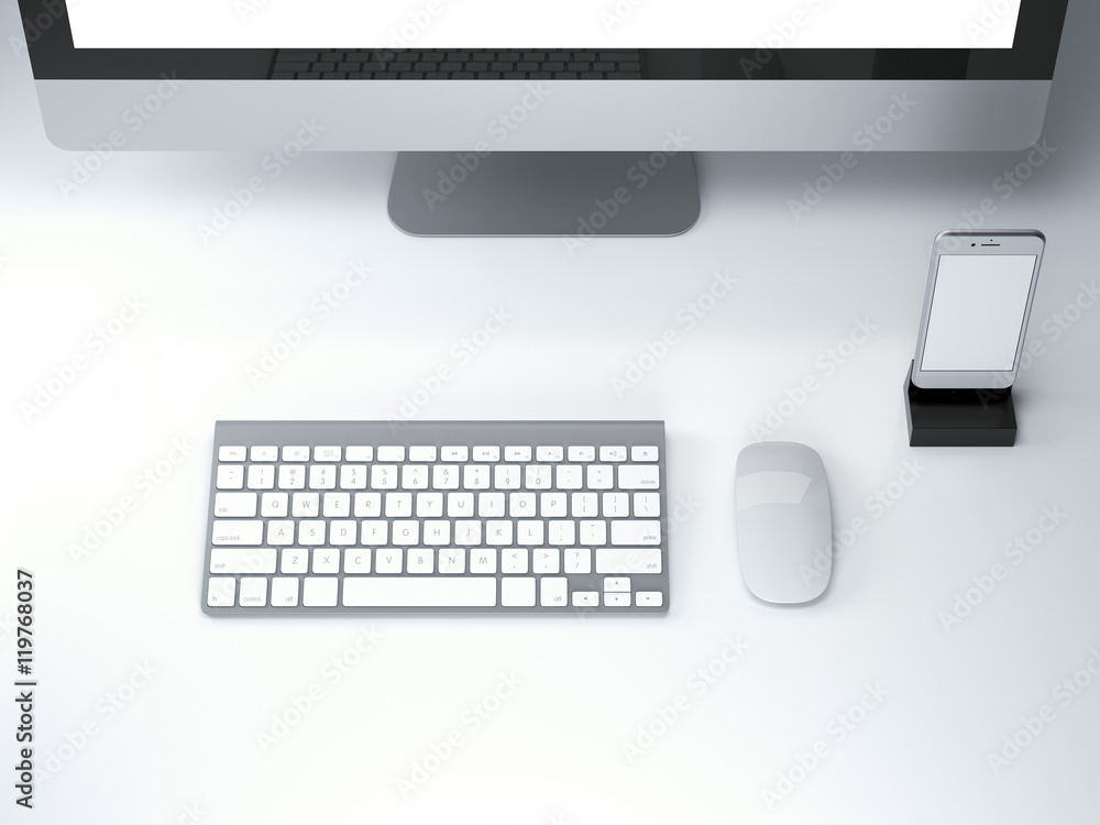 Aufkleber office desk table with keyboard and smartphone. 3d rendering
